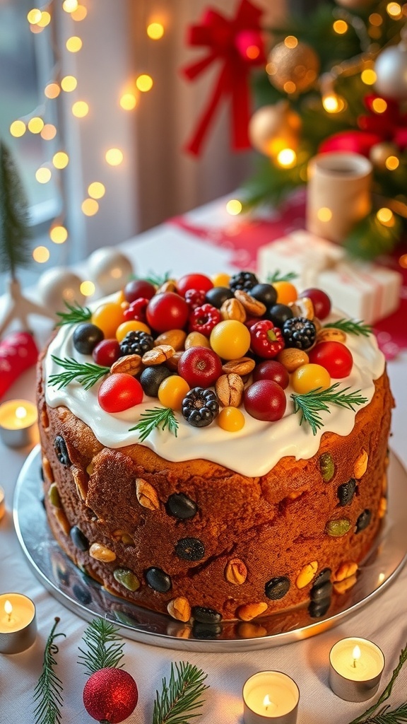 An eggless Christmas fruit cake topped with dried fruits and nuts, displayed on a festive table with holiday decorations.